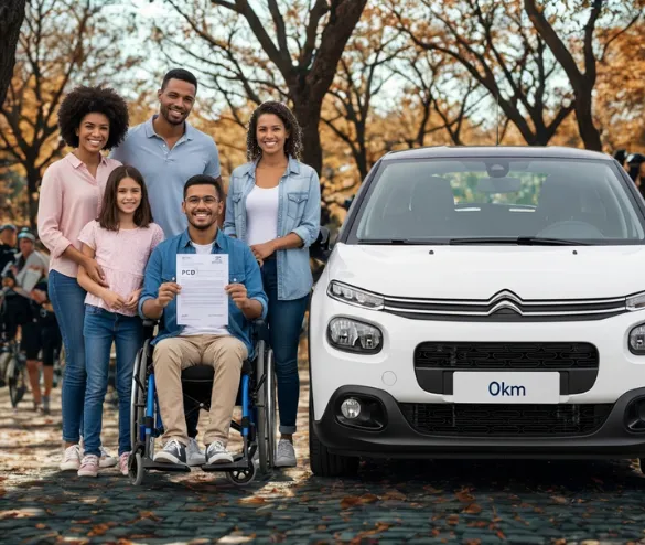 Família comemorando a conquista do carro 0km com isenção PCD